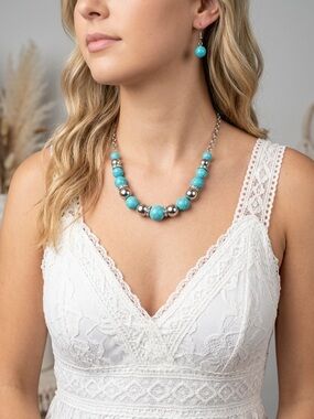 Turquoise Bead Necklace Set | Silver Floral Crystal Statement